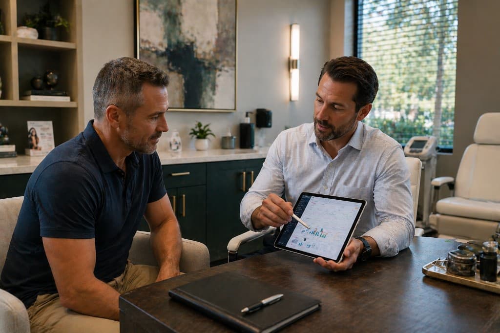 Men's hormone consultation reviewing testosterone and metabolic trends on a tablet