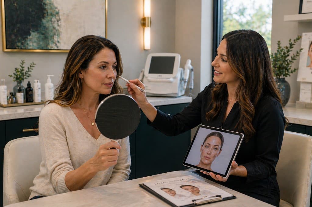 Pre-treatment facial assessment with patient mirror review for conservative injectables planning